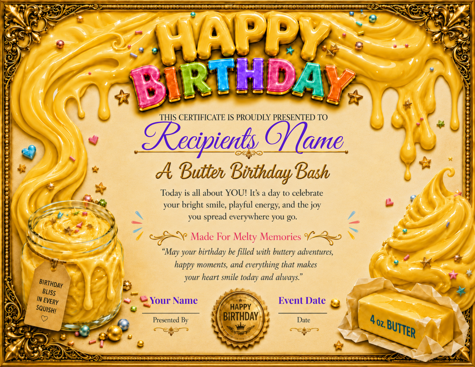 Butter Slime Birthday Bash Certificate