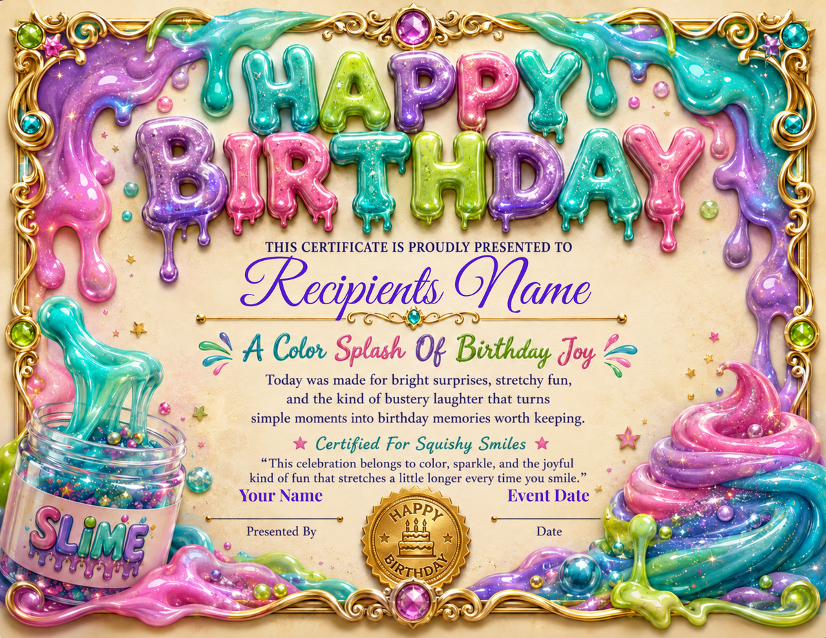 Colorful Slime Birthday Certificate