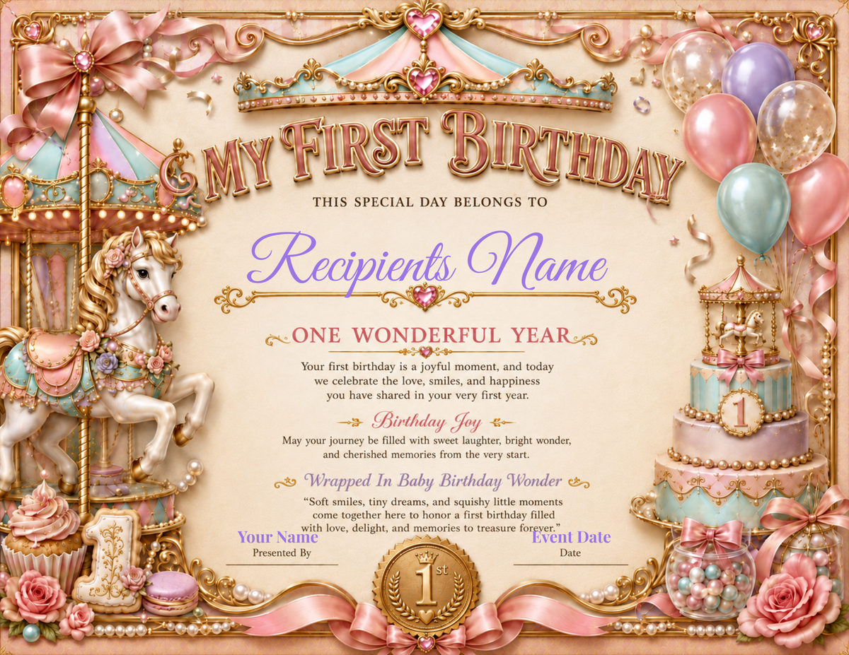 Pink Carousel Birthday Certificate