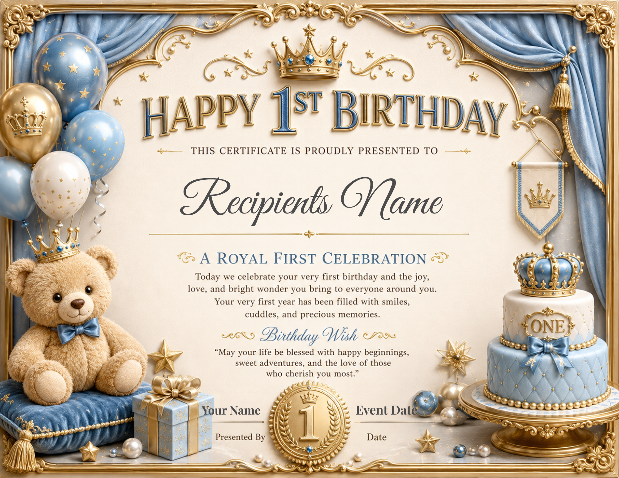 Royal Prince First Birthday Certificate