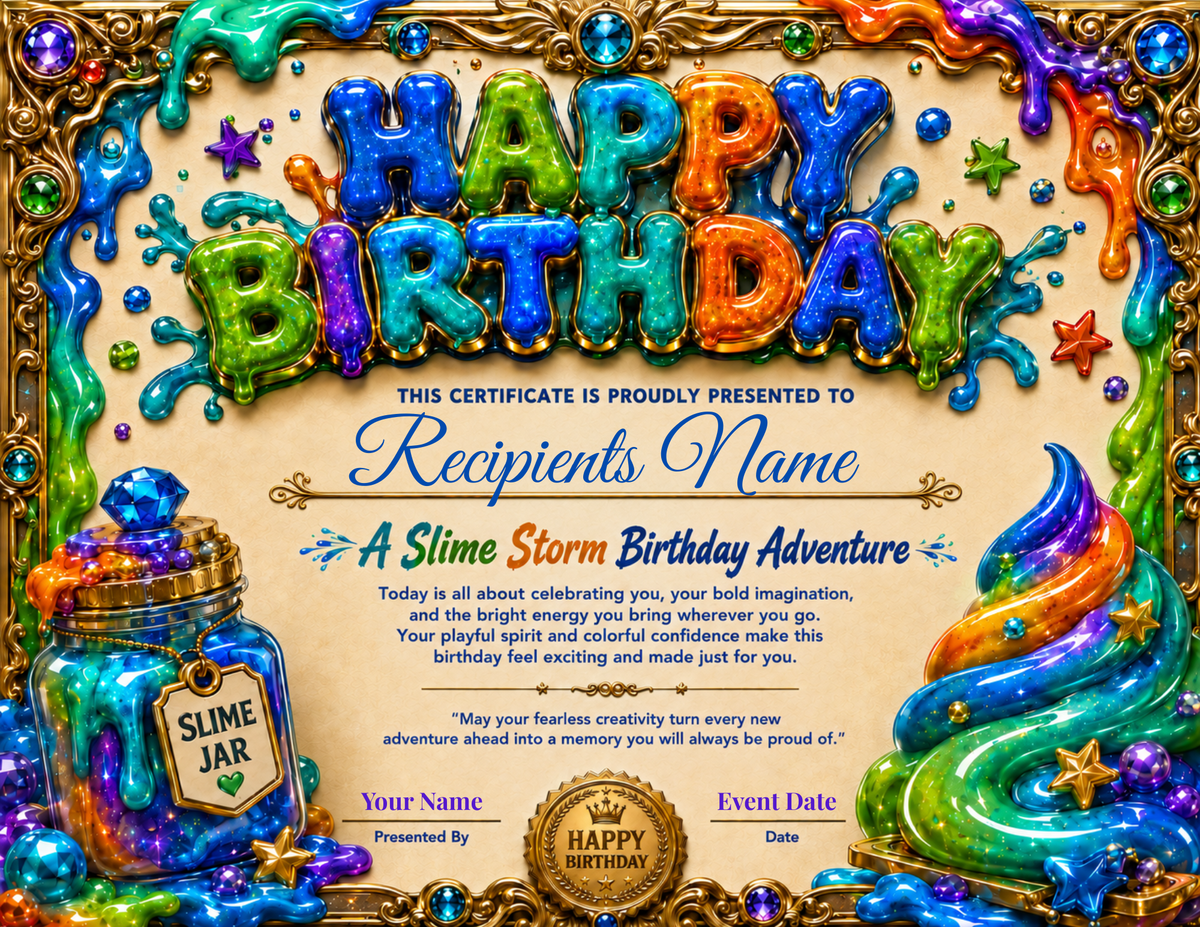 Slime Storm Birthday Certificate