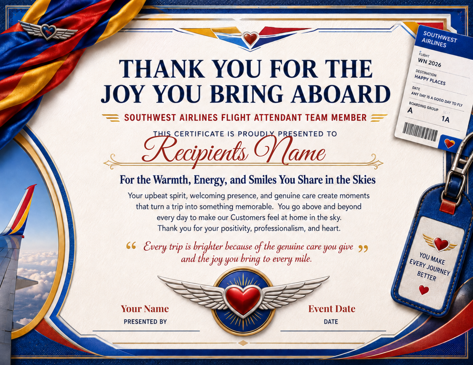 Flight Attendant Team Member Appreciation Certificates