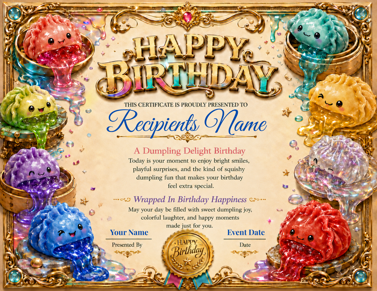 Squishy Dumpling Party Birthday Certificate