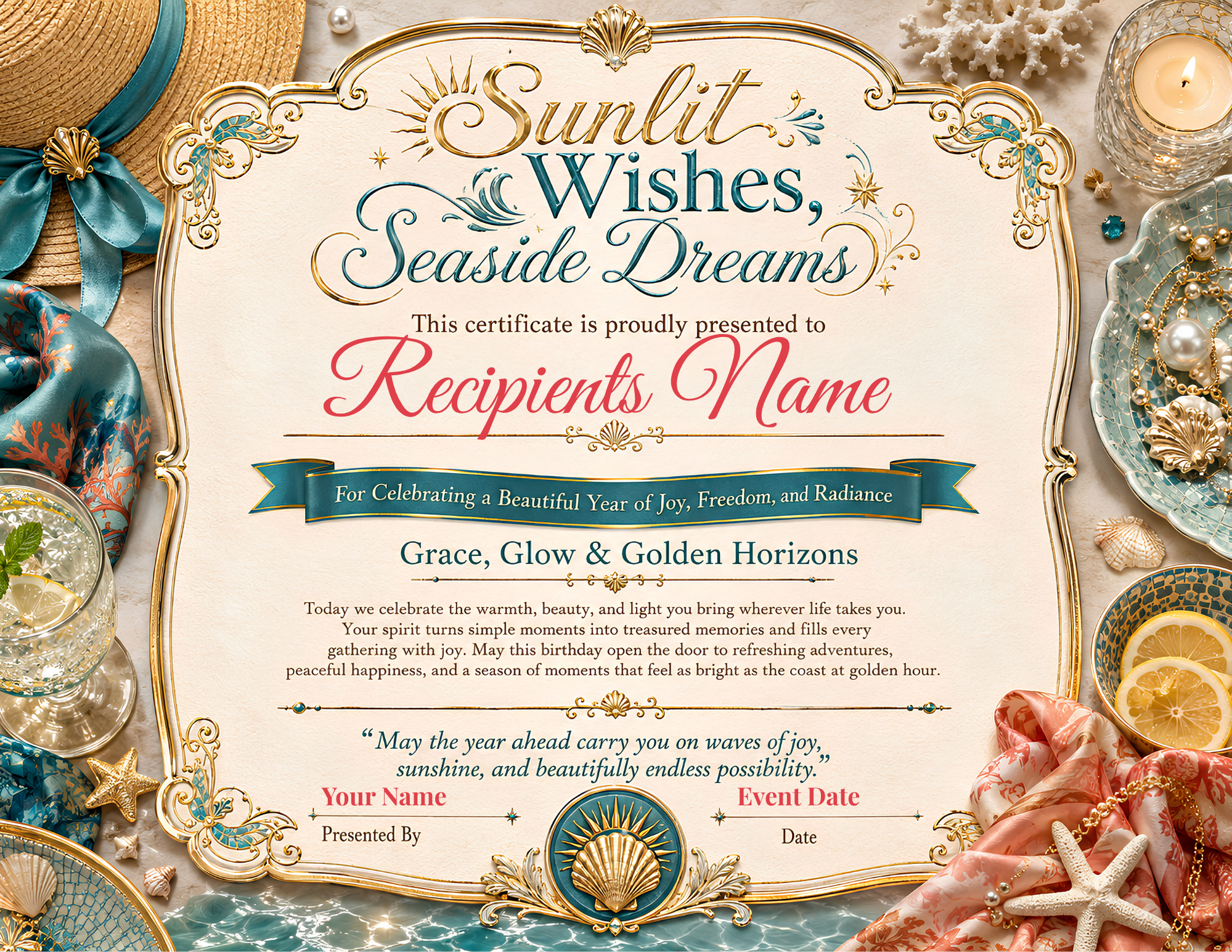 Sunlit Wishes Seaside Dreams Birthday Certificate